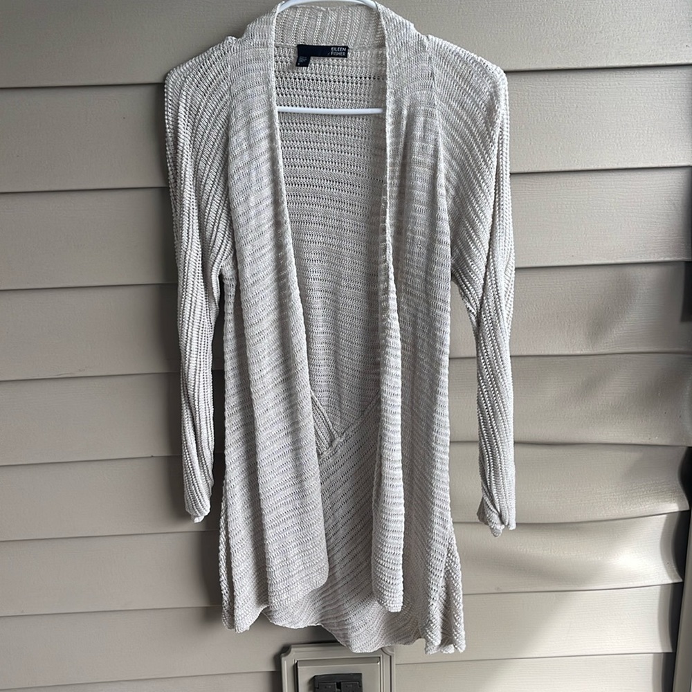 Eileen Fisher Womens Small Beige Linen‎ Tunic Open Long Sleeve Casual Cardigan